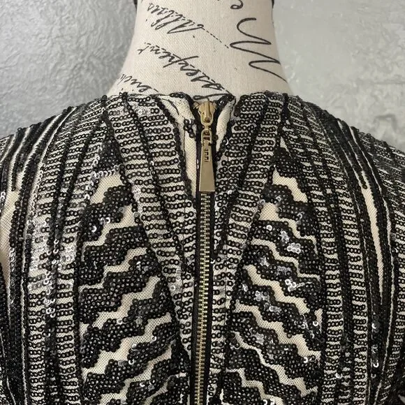 Fashion Nova Diva Sequin Mini Dress X-Large Plunge V-Neck Beige Black Slits Sexy - Picture 9 of 12